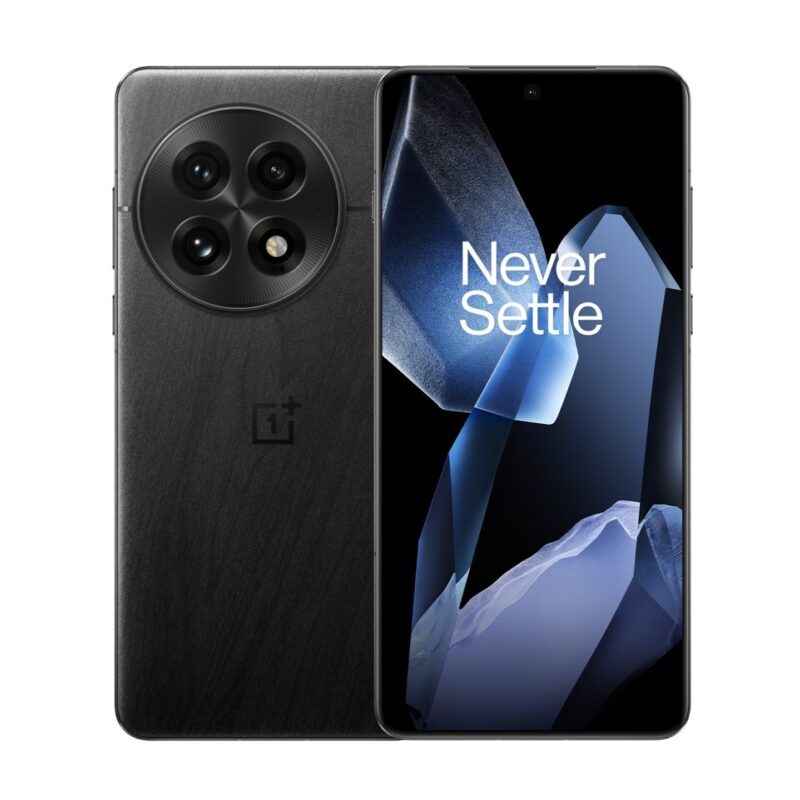 OnePlus 13 smartphone in black color showing the rear triple camera setup and the branding, with the screen displaying the text 'Never Settle'.